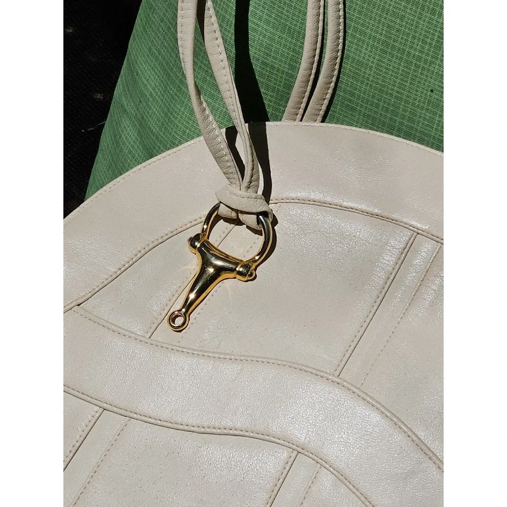 Lou Taylor Purse Italy Leather HORSE BIT Swivel Mirror Miami Vintage Cream Ivory